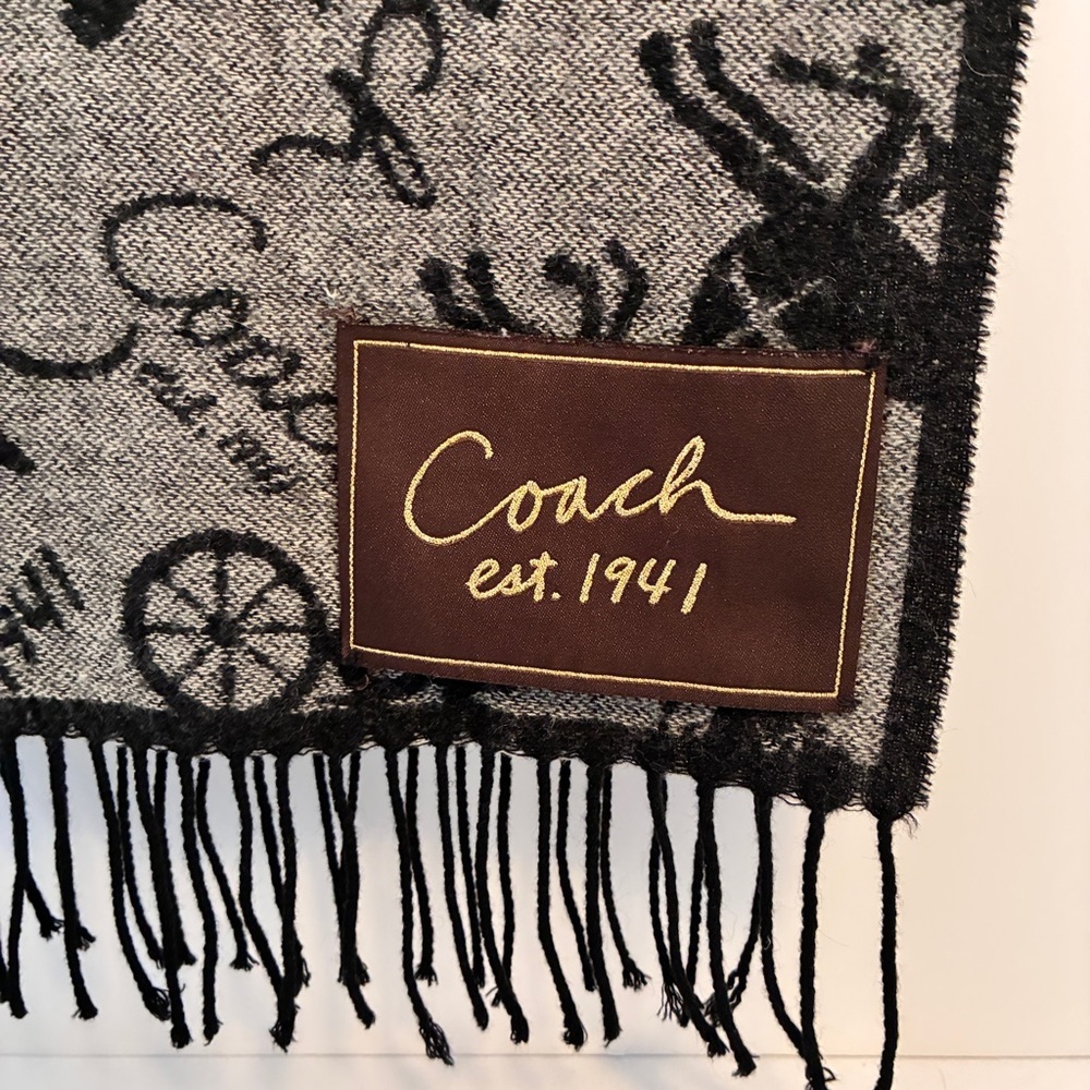Coach Horse & Carriage Motif Black Gray Reversible Wool Cashmere Muffler Scarf - Picture 8 of 8